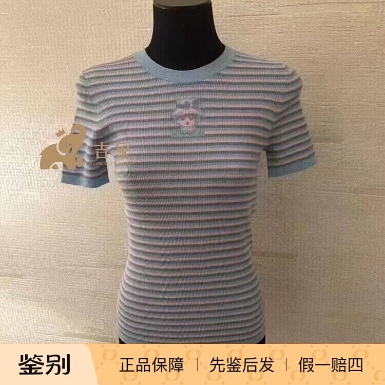 Chanel香奈儿25B新款蓝紫色条纹卡通头像针织短袖圆领修身上衣
