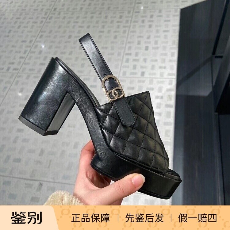 Chanel/香奈儿黑色羊皮高跟凉鞋