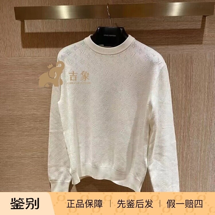 LV路易威登2024新款男装白色镂空提花棉质圆领针织衫毛衣
