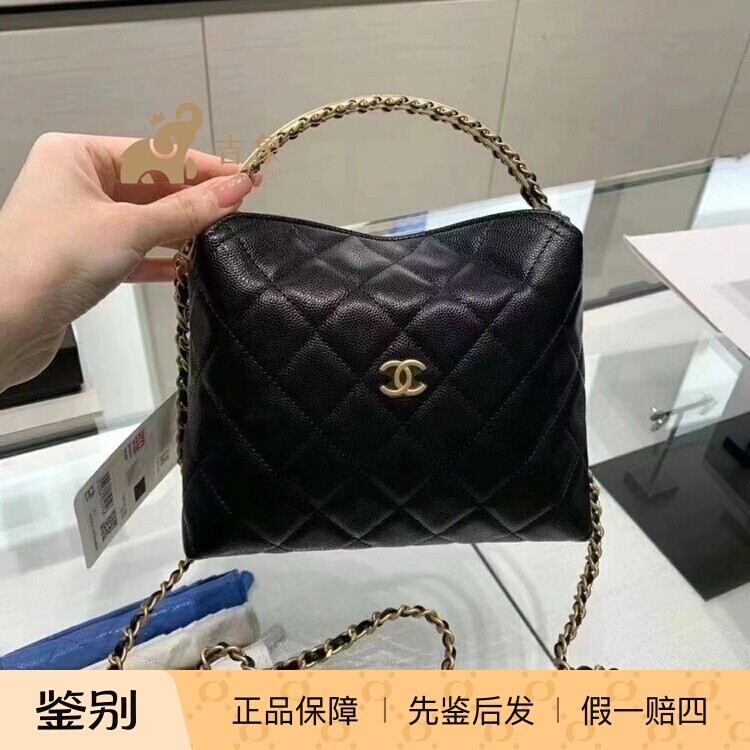 Chanel/香奈儿24A新款女包黑金颗粒小牛皮金属手柄链条单肩斜挎包