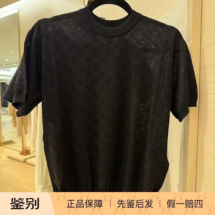 LV路易威登2025新款女装黑色镂花镂空针织短袖上衣1AHIO0