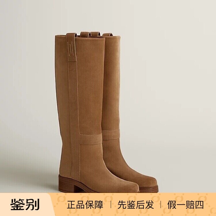 Hermes/爱马仕新款女鞋棕色麂皮粗跟Horse长靴高筒靴骑士靴