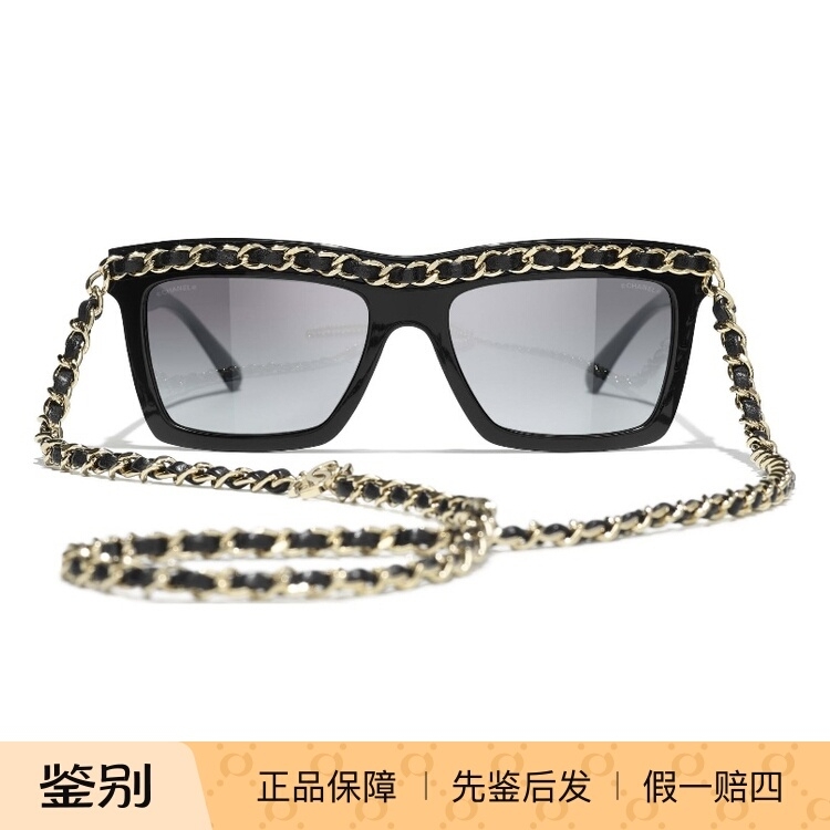 [现货]Chanel/香奈儿24S时尚黑色皮穿链条镜框平光镜太阳眼镜墨镜