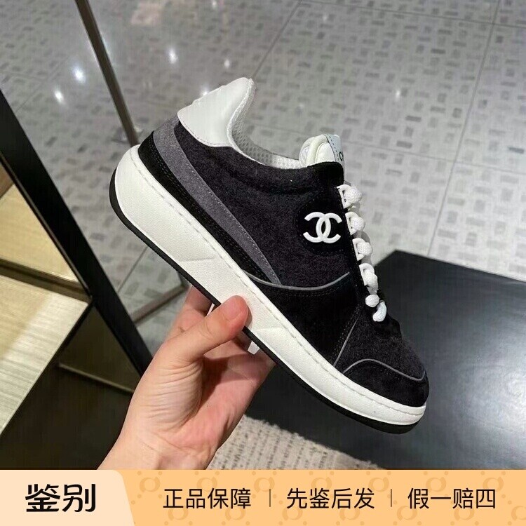 拼麂皮运动休闲鞋平底黑色浅口