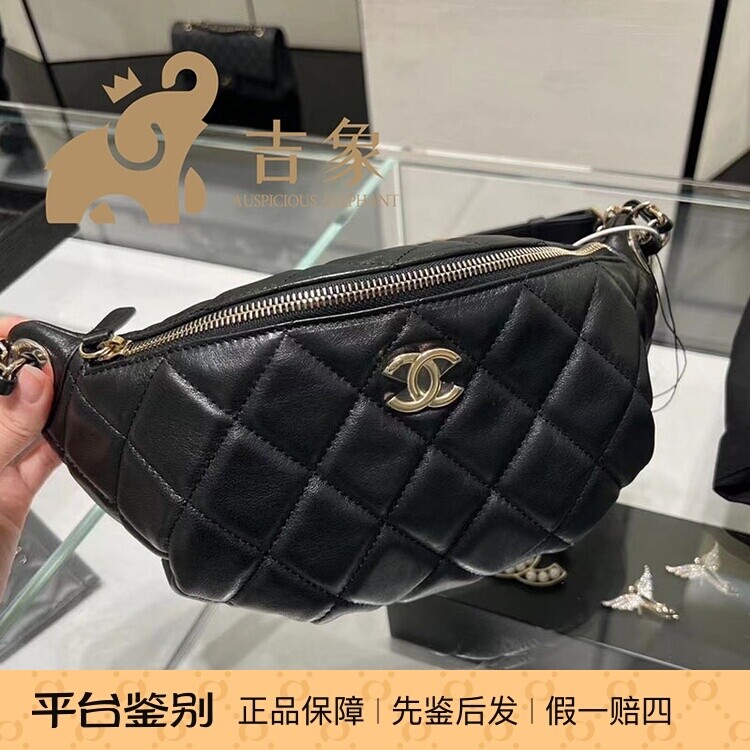 Chanel香奈儿24C新款女包黑色菱格纹小羊皮拉链腰包