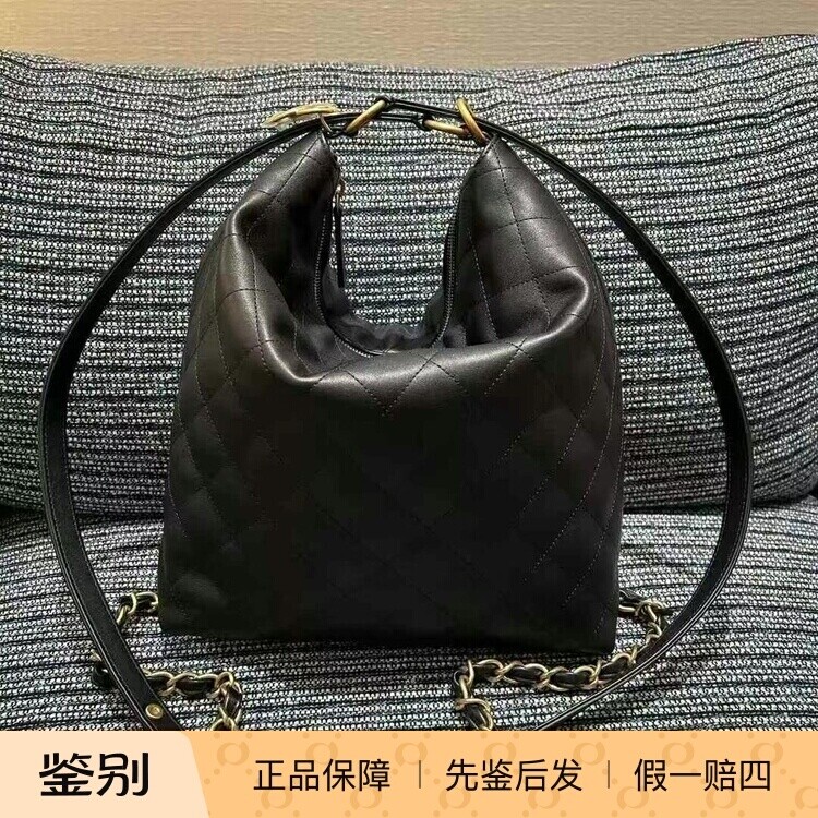 Chanel香奈儿25S新款女包黑金菱格纹Hobo嬉皮包单肩包双肩包