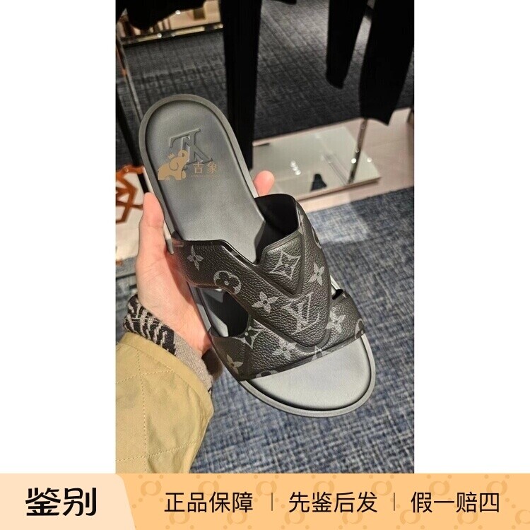 路易威登男士黑花涂层帆布凉拖