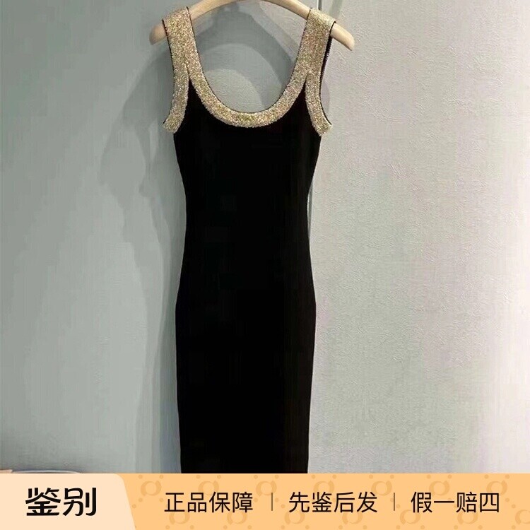 Miu Miu/缪缪24SS新款女装金边亮片黑色羊绒露背吊带修身连衣裙