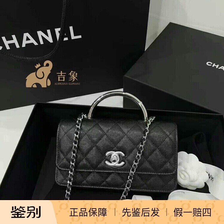 Chanel香奈儿25P新款女包黑金荔枝牛皮金属手柄WOC风琴包斜跨包