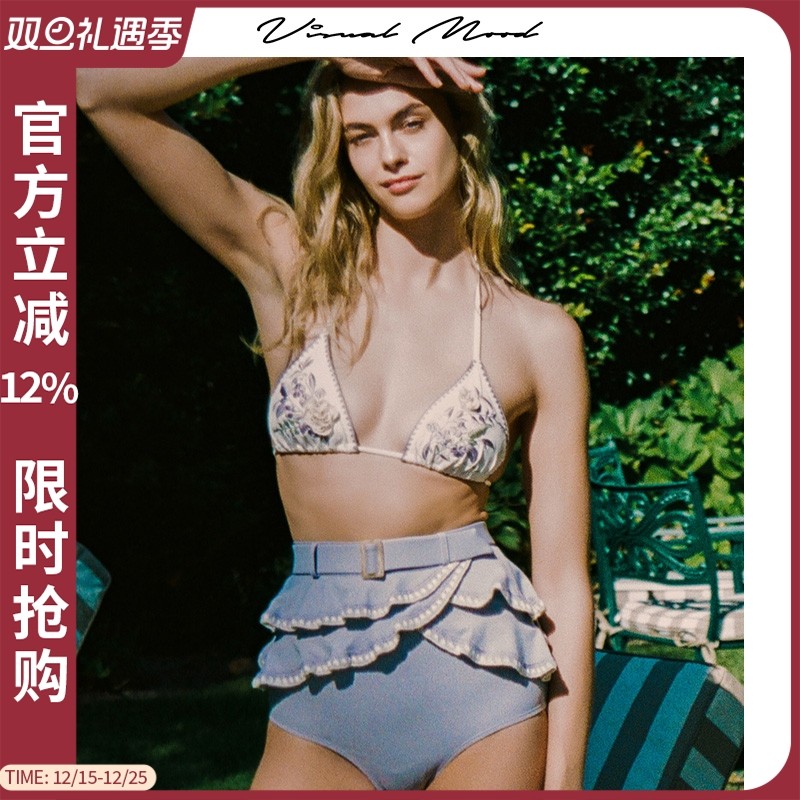 visual mood法式复古比基尼白紫显瘦三角杯盘花刺绣分体泳衣套装