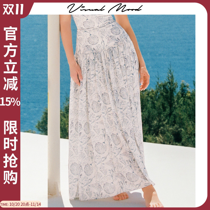 visual mood蓝贝壳长裙雪纺印花裙度假小众高级感海边沙滩裙2025