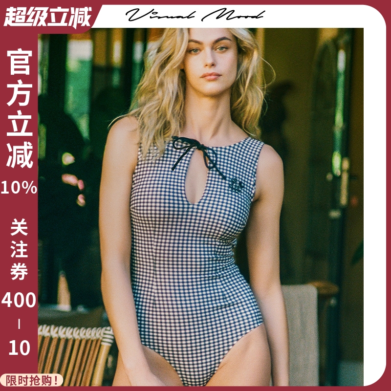 visual mood连体泳衣女2025新款复古刺绣系带显瘦温泉度假游泳装