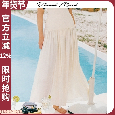 visual mood夏季白长裙雪纺透气沙滩裙复古显瘦海边度假拍照优雅