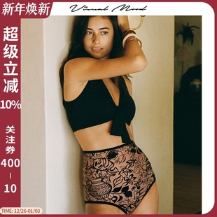 visual mood比基尼泳衣复古双面印花高腰显瘦海边度假分体套装