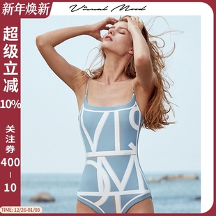 visual 连体温泉度假泳衣 mood泳衣女复古蓝双面印花遮肚显瘦时尚