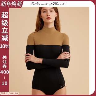 连体游泳装 泳衣女复古黄黑拼接撞色遮肚显瘦长袖 MOOD法式 VISUAL