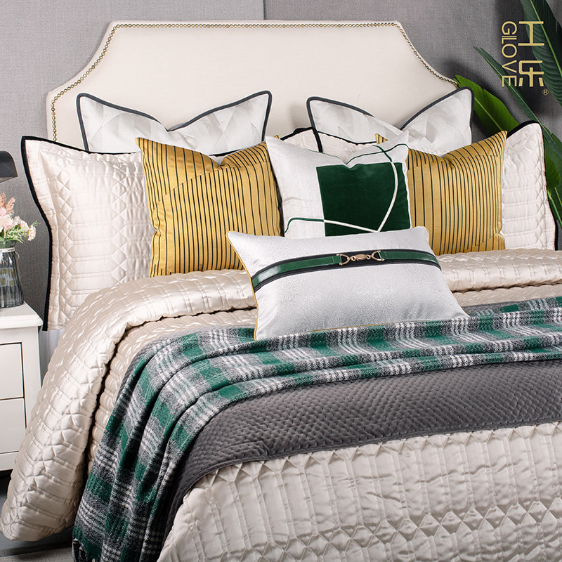 速发装中式轻奢几新软样板房床笠式软何图案介棉金色