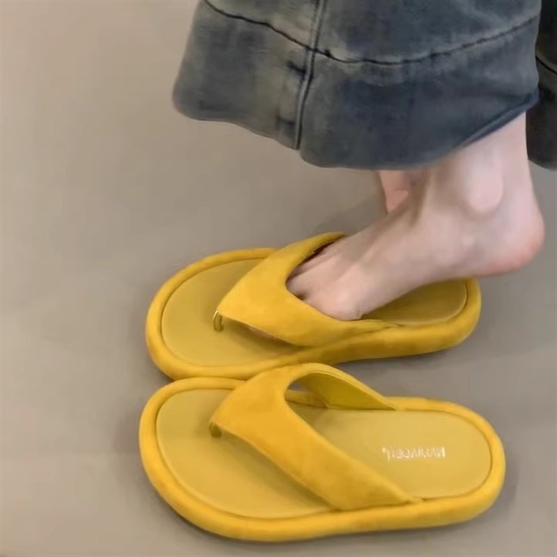 速发羊皮版!厚底复古黄色夹脚人字拖鞋鞋子新款外穿海边法式小凉