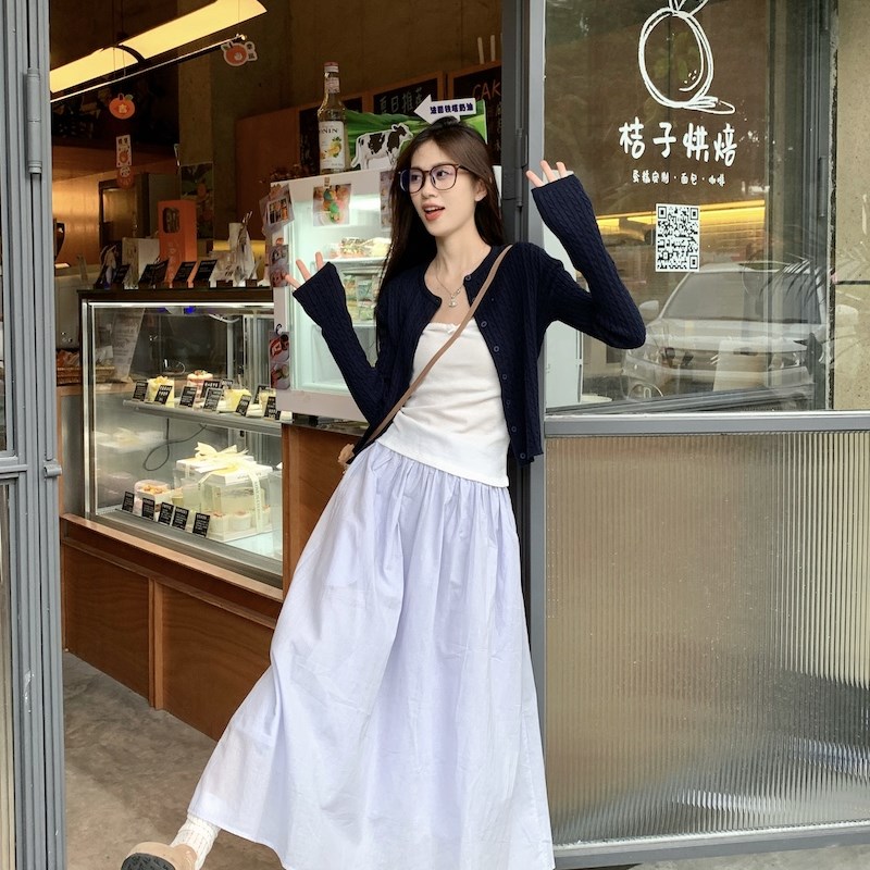 速发kumikumi慵懒风套装针织开衫外套吊带背心春季高腰半身裙三件图片