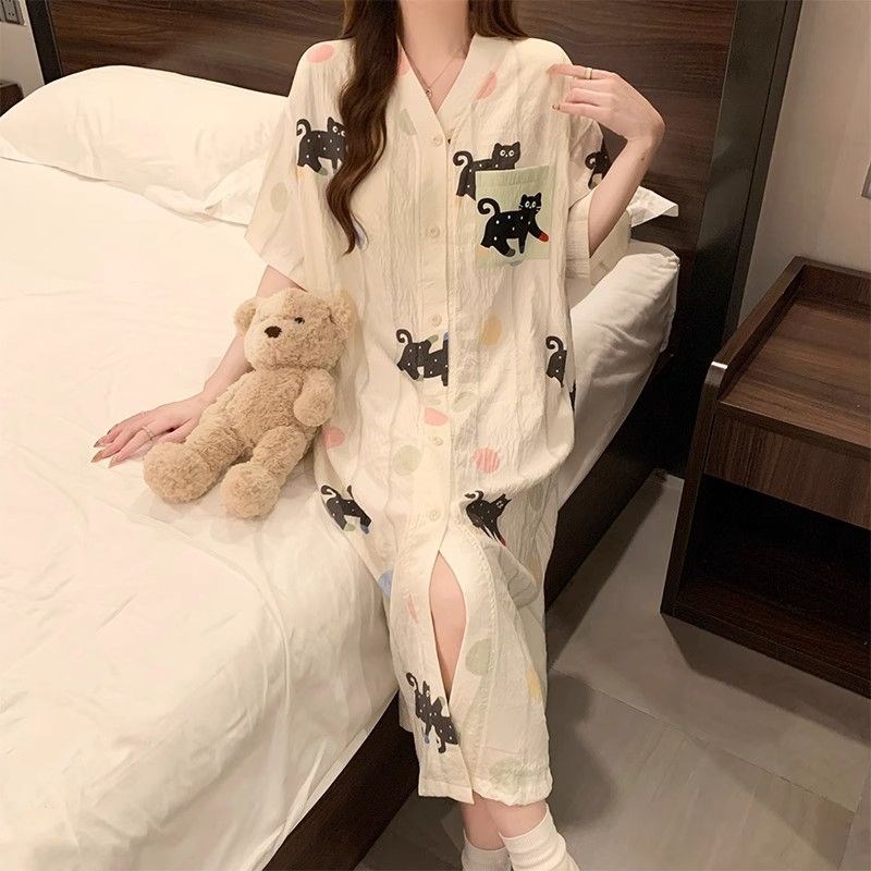 速发纯棉睡裙夏季新款薄款甜美可爱猫咪大码孕妇睡衣家居服睡袍