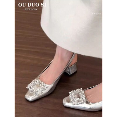 速发新尚水钻方扣高跟鞋夏季2025年时款包头凉鞋外穿后绊带单鞋