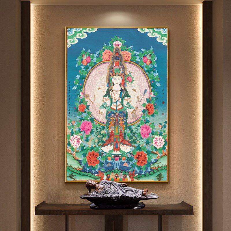 速发西藏式唐中玄关装饰画千音观手供桌佛像挂画禅意卡堂茶室壁画