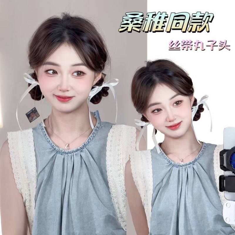 速发丸子头假发露思桑稚同款双马尾减龄甜酷风夹子丝带花苞双丸子图片