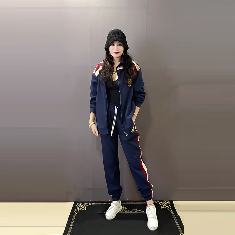 速发加大码女装立领拉链拼色外套松紧腰束脚长裤胖妹妹休闲两件套