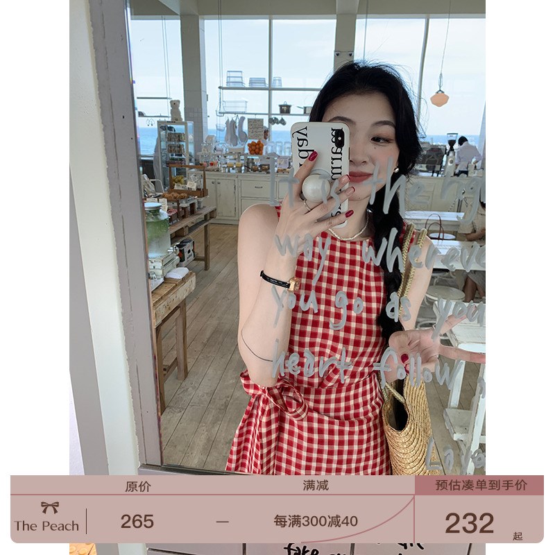 速发pcho绝f心 红茶 红格子无袖连衣裙夏f美海边背i裙