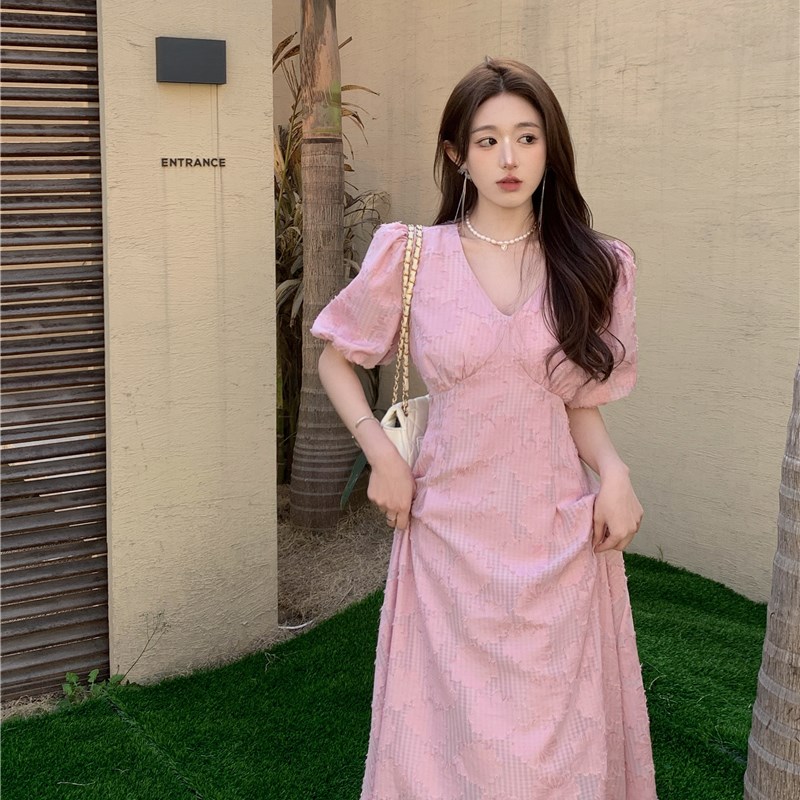 速发腰连码装胖妹妹高端精致绝美收夏法式V领遮肉泡泡袖大衣裙
