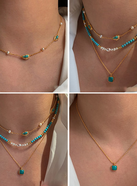 18K真金电镀淡水珍珠绿松石串珠项链新中式锁骨链小众高级感项饰