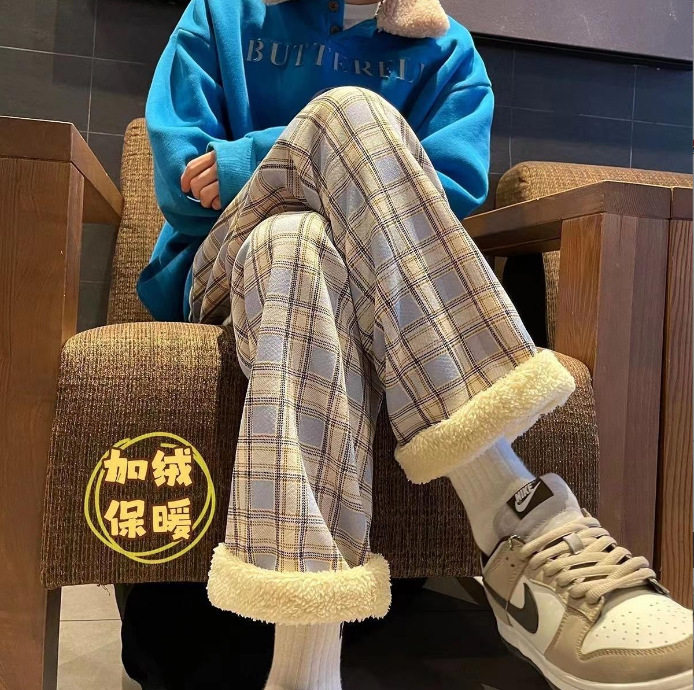 加绒格子休闲裤女新款加绒加厚格睡裤/家居裤