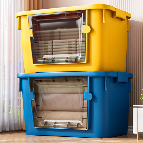 日本进口收纳箱家用超大容量加厚透明整理箱衣服玩具零食侧开门塑