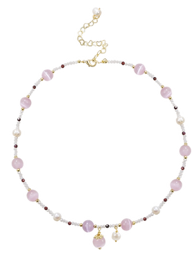 粉色猫眼石天然珍珠项链锁骨链