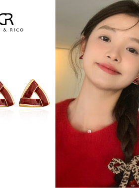 11.25新款GOM&RICO红色滴釉三角形耳夹女设计师款高级感几何耳饰
