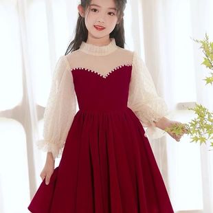 花童婚礼小女孩钢琴演 高端红色公主裙长袖 儿童晚礼服女童秋季 新品