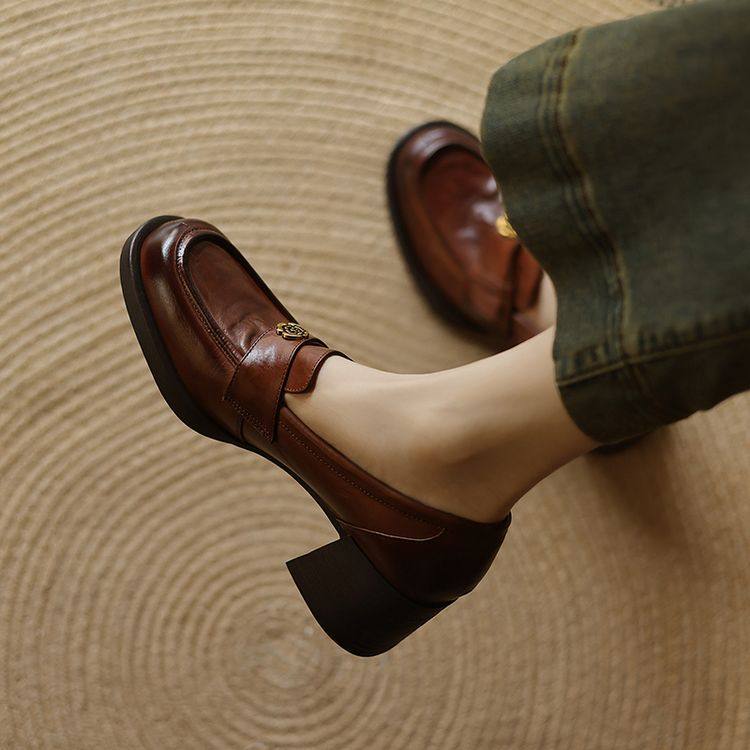 圆头粗跟橡胶胶粘鞋头层猪皮深口单鞋,女鞋,深口单鞋,淘宝优惠券,粉丝福利购,淘宝优惠卷