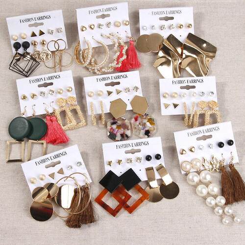 Women Earrings Set Pearl Crystal Stud Earrings夸张流苏潮耳环