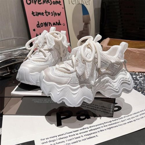 小婚纱~老爹鞋水钻蕾丝绑带波浪底厚底松糕小个子运动鞋小白鞋女