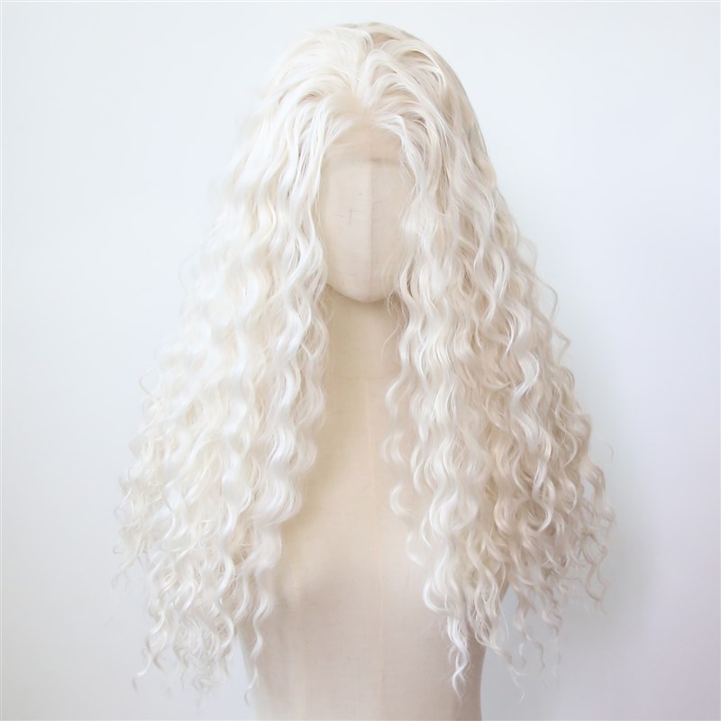 白金色前蕾丝化纤高温丝蕾丝假发奶白铂金色波浪羊毛卷发整顶假发
