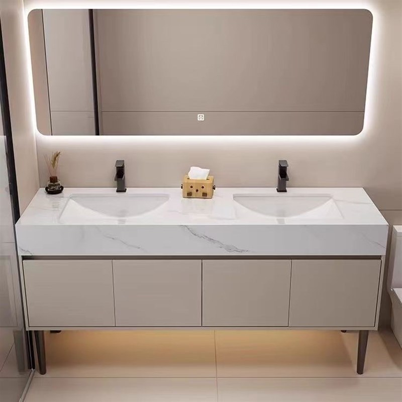 岩板双盆浴室柜组合公共卫生间落地式洗脸洗手池洗漱台实木多层柜