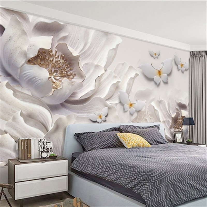 3D立体浮雕珠宝牡丹花朵壁纸欧式壁画卧室沙发电视背景墙布墙纸