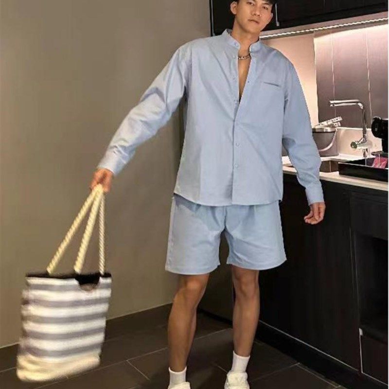 特大码男装一字领阔型宽松休闲长袖衬衫短裤套装夏季宽松一套穿搭,男装,休闲运动套装,淘宝优惠券,粉丝福利购,淘宝优惠卷