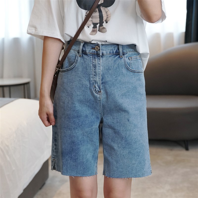 2023夏大尺码四分牛仔短裤女半松紧腰遮肉女裤胖mm毛边开叉纯色裤