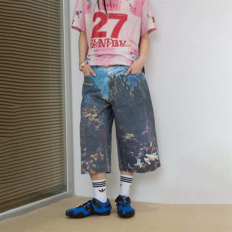 海底世界 eeee小众设计感3D海洋印花短裤宽松阔腿牛仔裤夏季