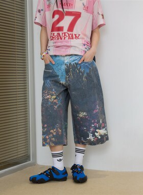海底世界 eeee小众设计感3D海洋印花短裤宽松阔腿牛仔裤夏季