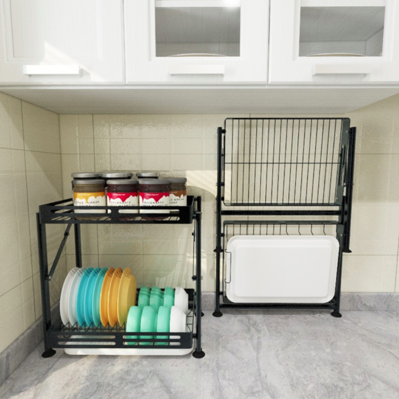 双层不锈钢壁挂碗碟收纳架可折叠碗架多功能厨房置物架放碗沥水盘