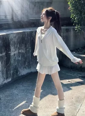 日系白色防晒衣女士外穿纯色夏季修身防紫外线防晒服宽松薄款外套