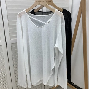 欧洲站宽松慵懒小心机领防晒衣t恤女洋气开叉长袖百搭显瘦上衣夏