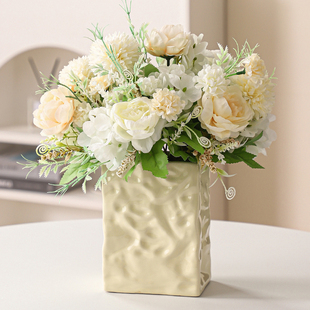 速发瑰油风陶桌纸袋花瓶摆件客厅插花餐瓷台茶几玫奶水培花器